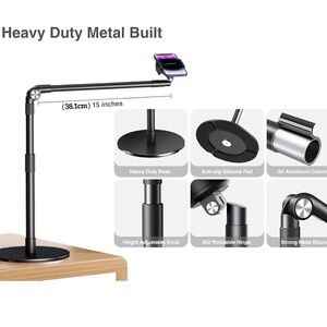 Elitehood Overhead Stand, 15 in Long Arm iPhone Holder 360 Degrees Swivel Tilt